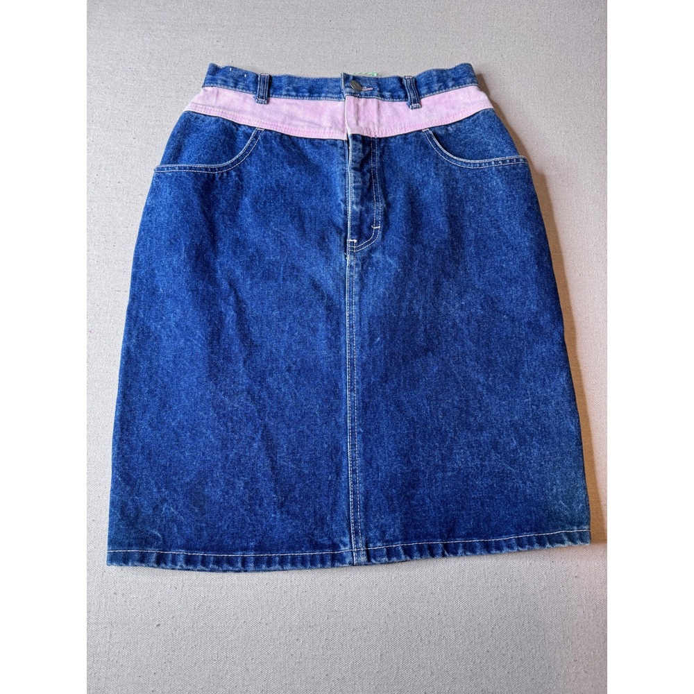 80s True Blue Denim Skirt Pink Waist High Rise Knee Length 27" Waist Vintage - Picture 2 of 6